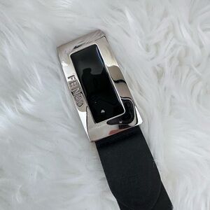 Fendi Black Leather Belt with Polished Silver-Tone Buckle gender neutral